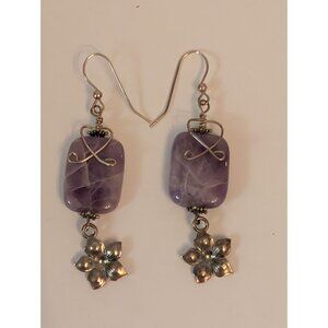 Amethyst Rectangle Bead & Silver Flower Dangle Earrings With Wire Wrap Design